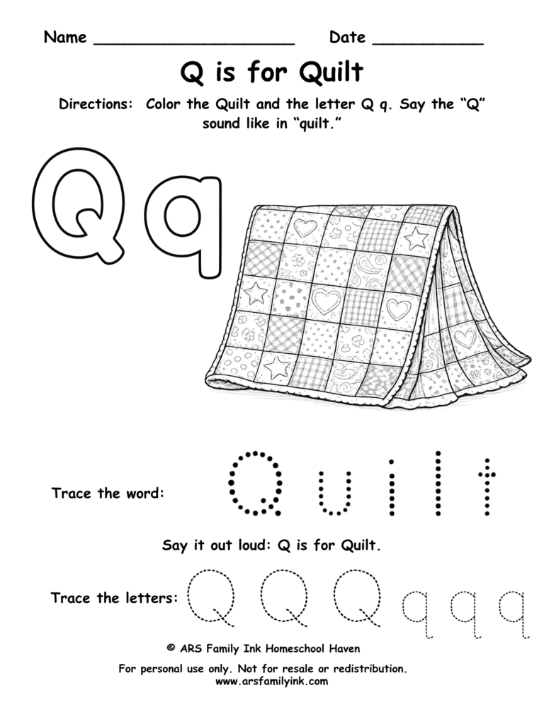 Letter Q worksheet for preschool featuring quilt coloring page and tracing practice