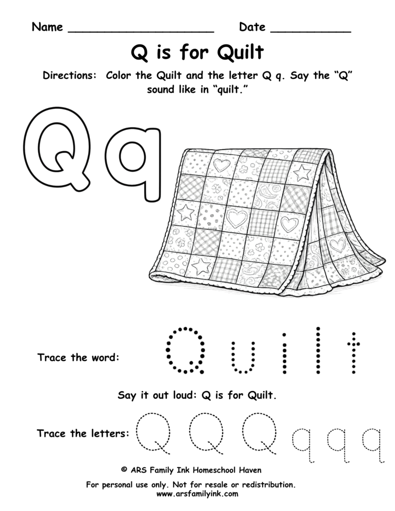 Letter Q worksheet for preschool featuring quilt coloring page and tracing practice
