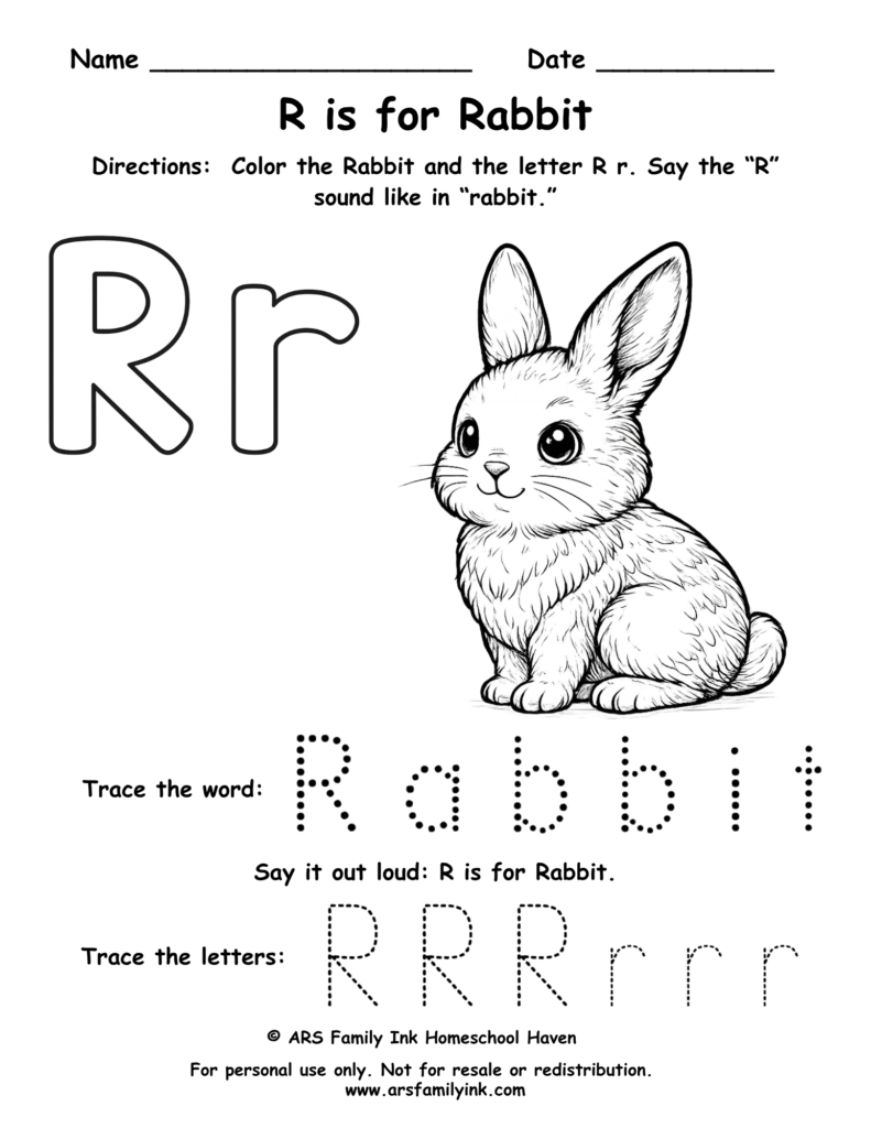 Letter R worksheet for preschool featuring rabbit coloring page and tracing practice