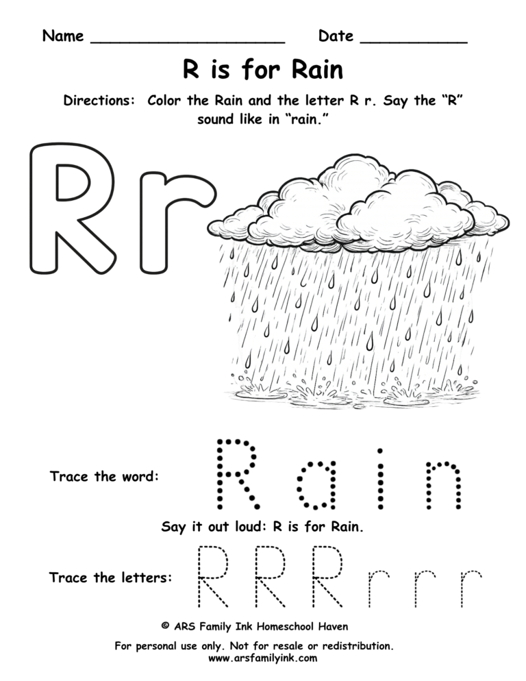 Letter R worksheet for preschool featuring rain cloud coloring page and tracing practice