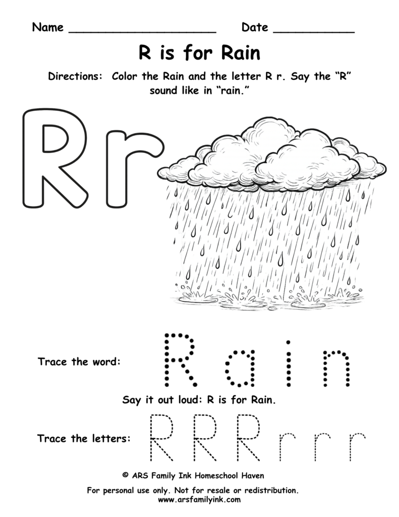 Letter R worksheet for preschool featuring rain cloud coloring page and tracing practice