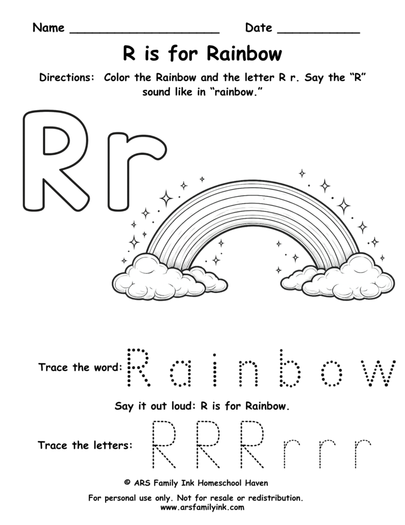 Letter R worksheet for preschool showing R is for rainbow with tracing and coloring activity