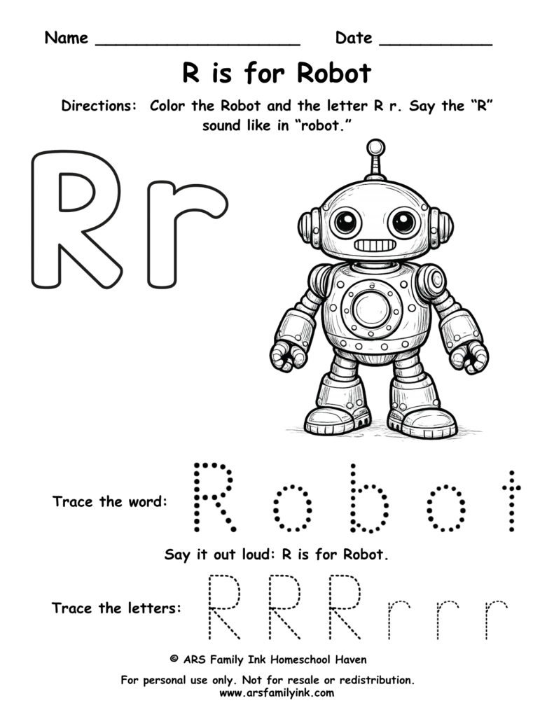 Letter R worksheet for preschool showing R is for robot with tracing and coloring activity