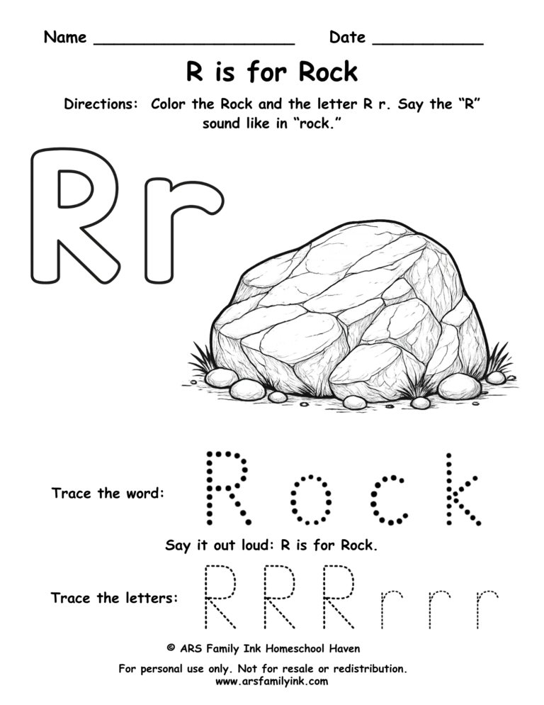 Letter R worksheet for preschool showing R is for rock with tracing and coloring activity
