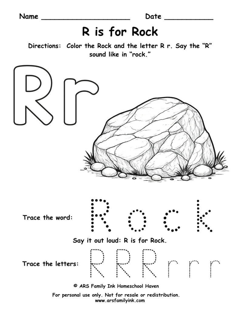 Letter R worksheet for preschool showing R is for rock with tracing and coloring activity