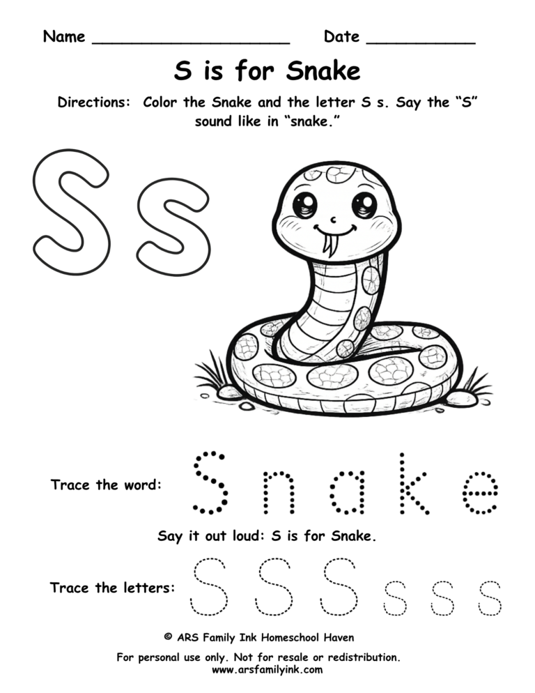 Letter S worksheet for preschool showing S is for snake with tracing and coloring activity
