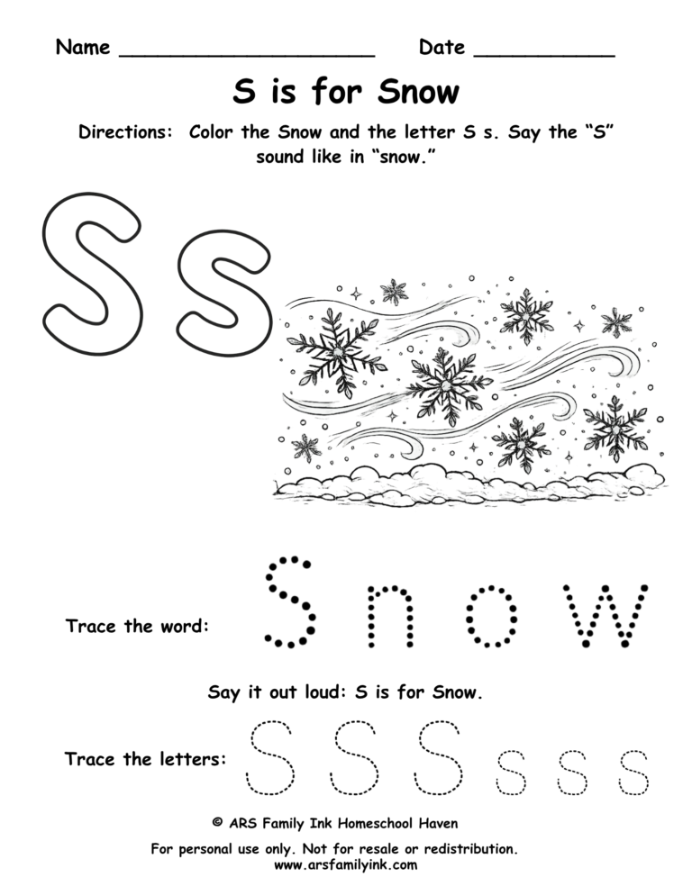 Letter S worksheet for preschool showing S is for snow with tracing and coloring activity