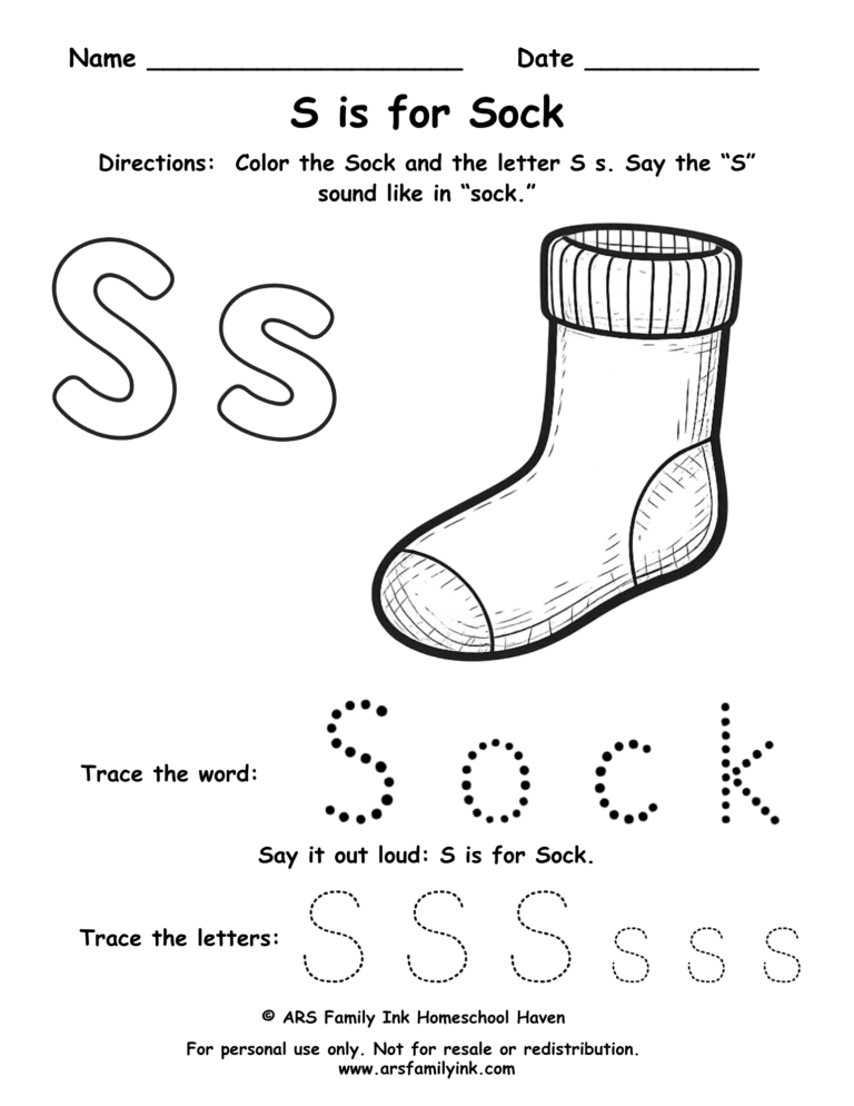 Letter S worksheet for preschool showing S is for sock with tracing and coloring activity