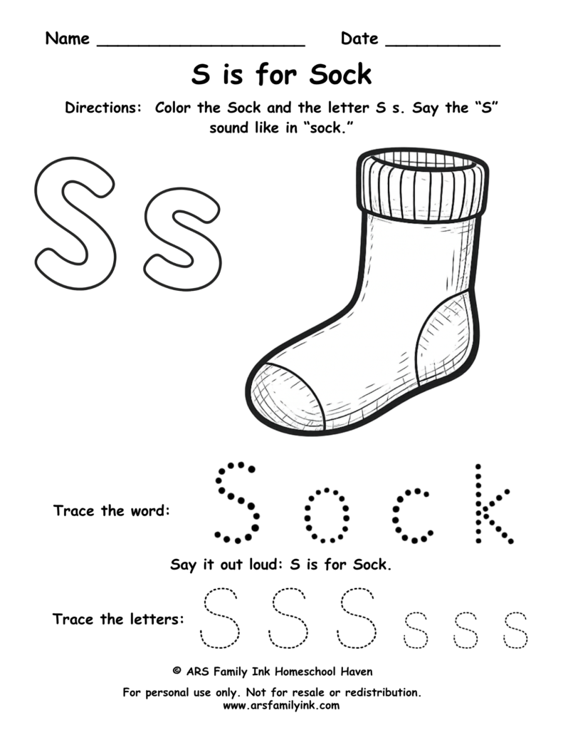 Letter S worksheet for preschool showing S is for sock with tracing and coloring activity