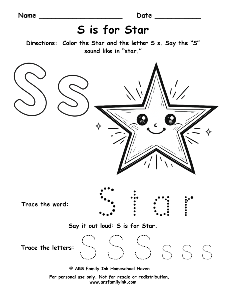 Letter S worksheet for preschool showing S is for star with tracing and coloring activity