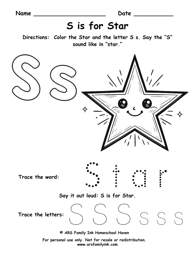 Letter S worksheet for preschool showing S is for star with tracing and coloring activity