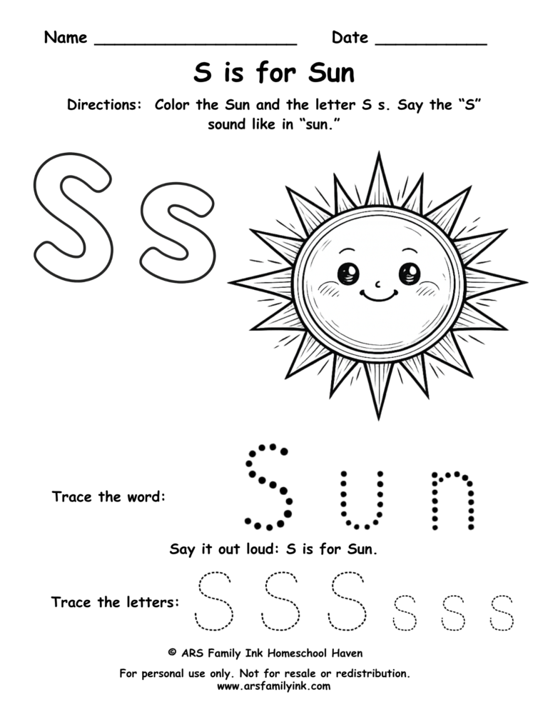 Letter S worksheet for preschool showing S is for sun with tracing and coloring activity
