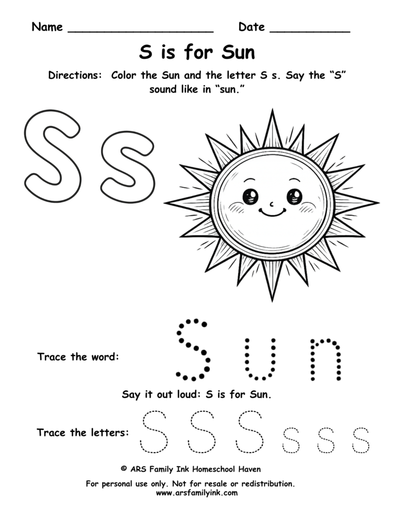 Letter S worksheet for preschool showing S is for sun with tracing and coloring activity