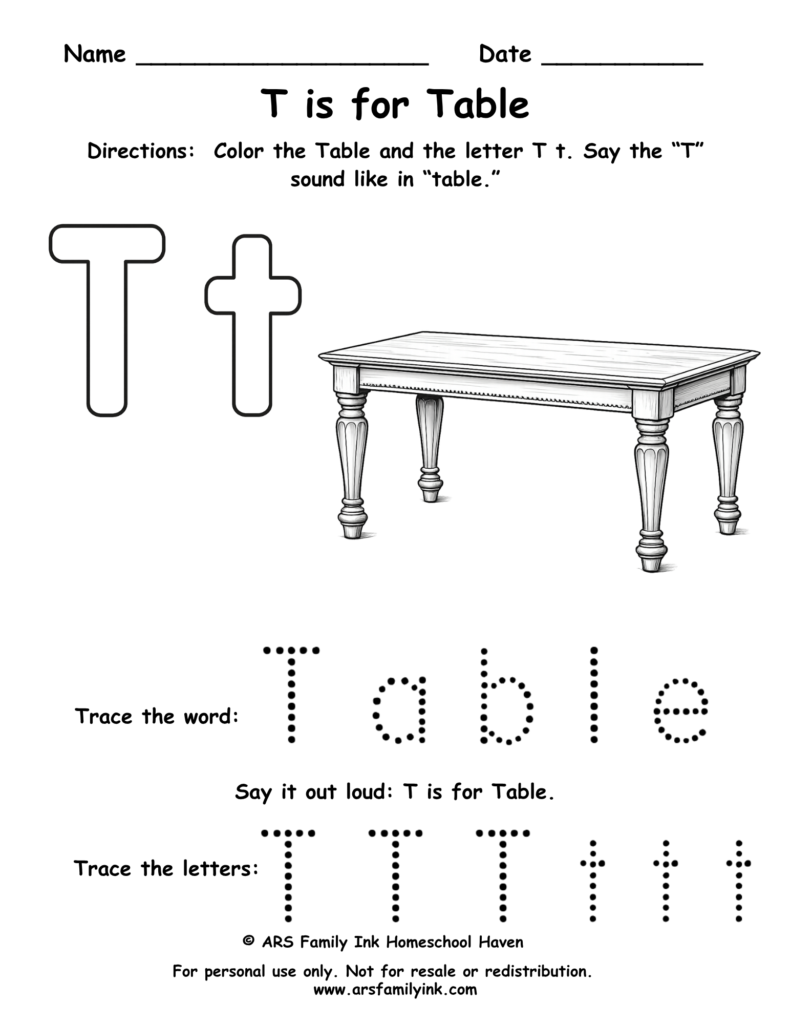 Letter T worksheet for preschool showing T is for table with tracing word table and uppercase and lowercase letter practice