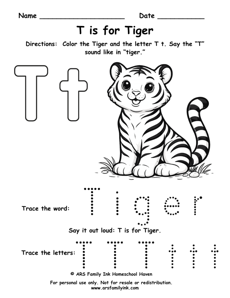 Letter T worksheet for preschool showing T is for tiger with tracing and coloring activity