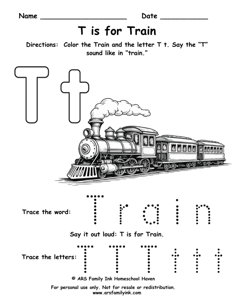 Letter T worksheet for preschool showing T is for train with tracing and coloring activity