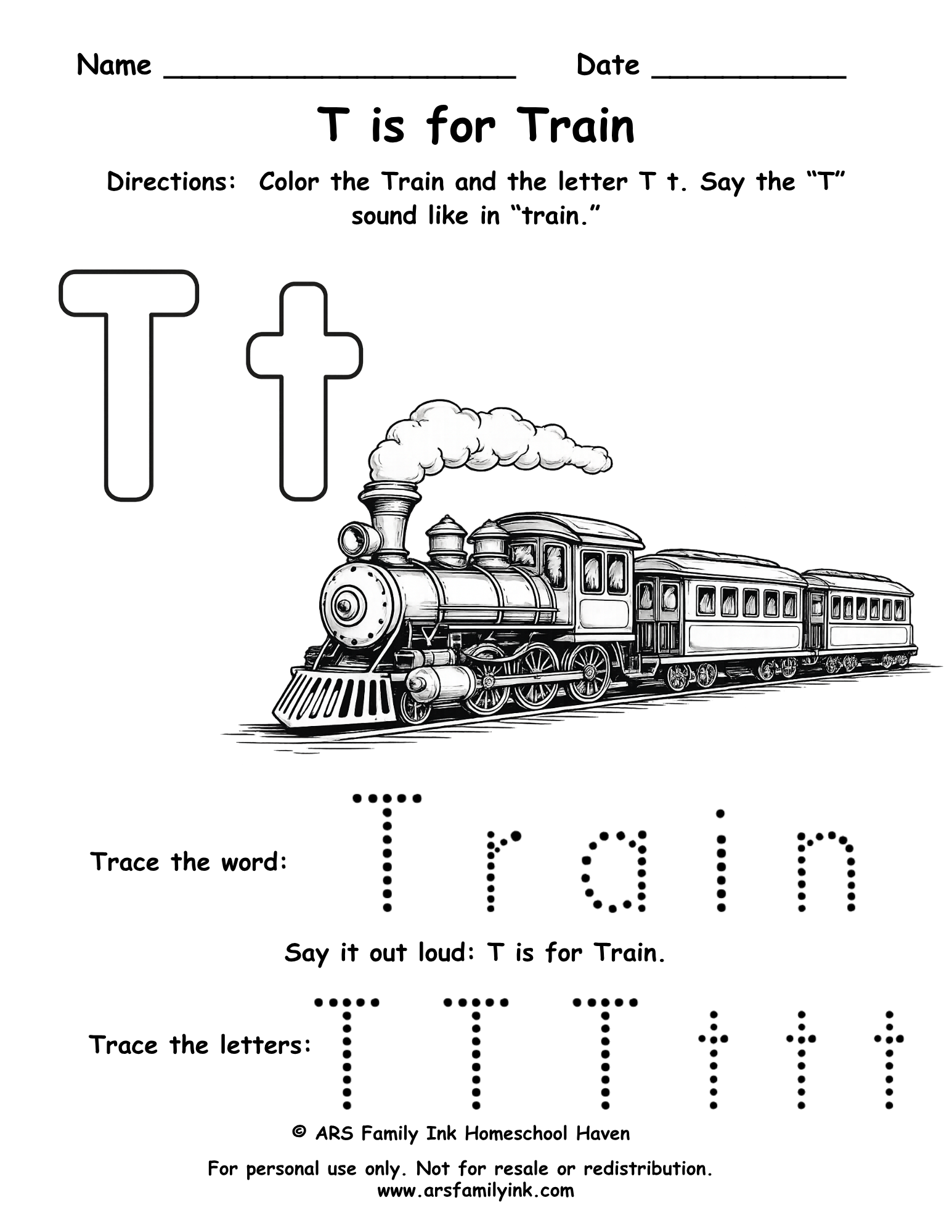 Free Letter T Worksheet – T is for Train – ARS Family Ink Homeschool Haven