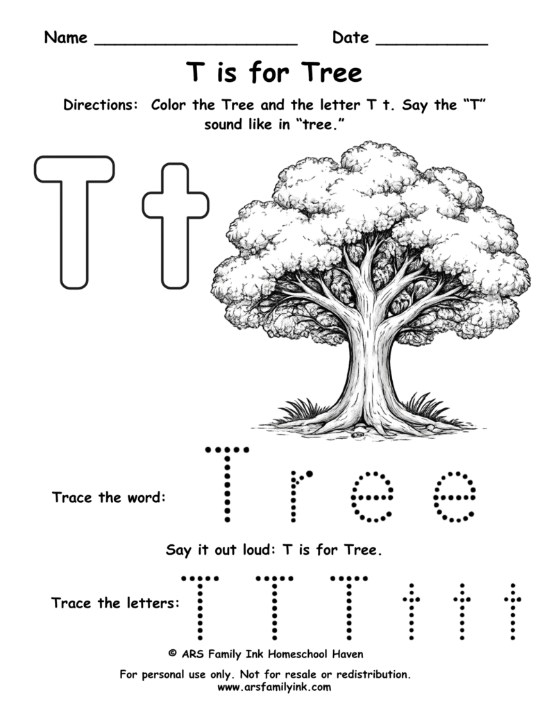 Letter T worksheet for preschool showing T is for tree with tracing and coloring activity