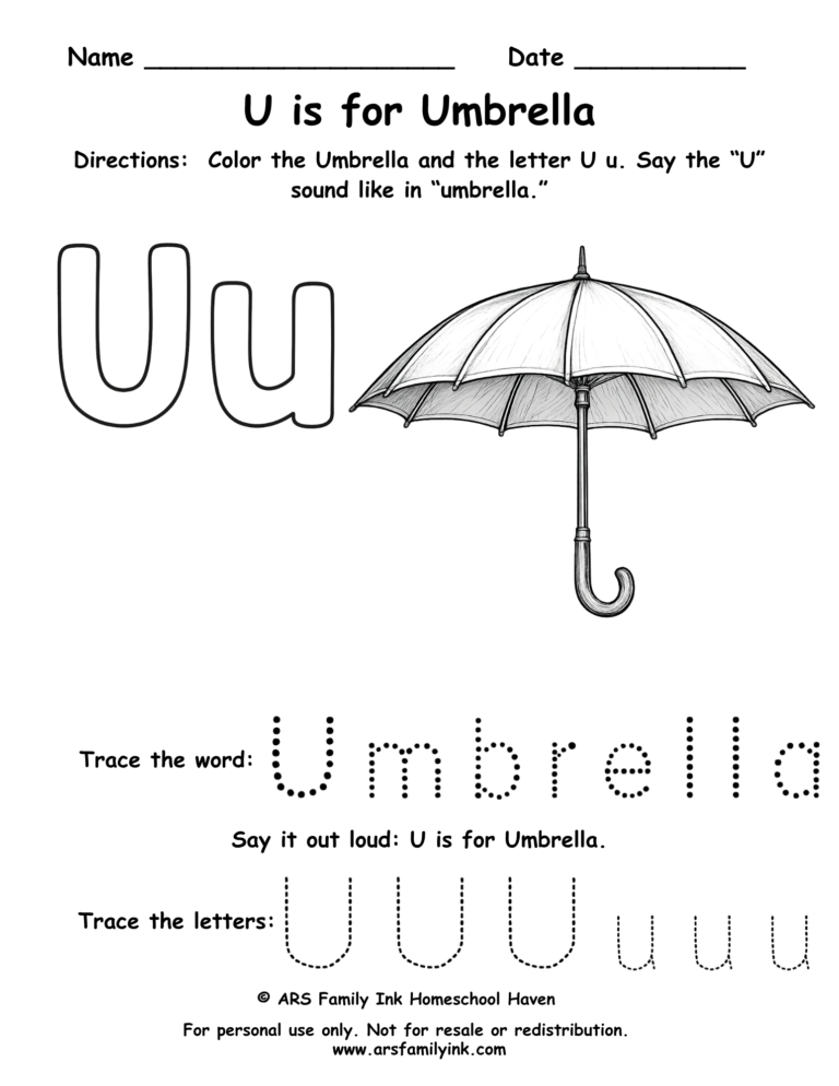 Letter U worksheet for preschool showing U is for umbrella with tracing word umbrella and uppercase and lowercase letter practice