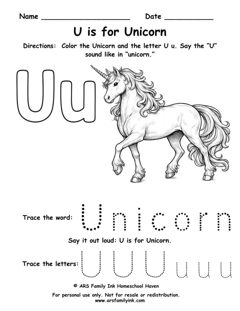 Letter U worksheet for preschool showing U is for unicorn with tracing word unicorn and uppercase and lowercase letter practice