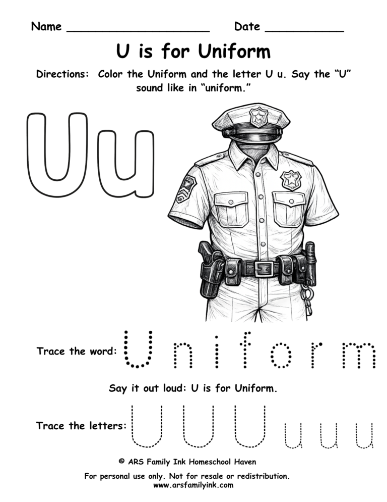 Letter U worksheet for preschool featuring U is for uniform with tracing word uniform and uppercase and lowercase U practice