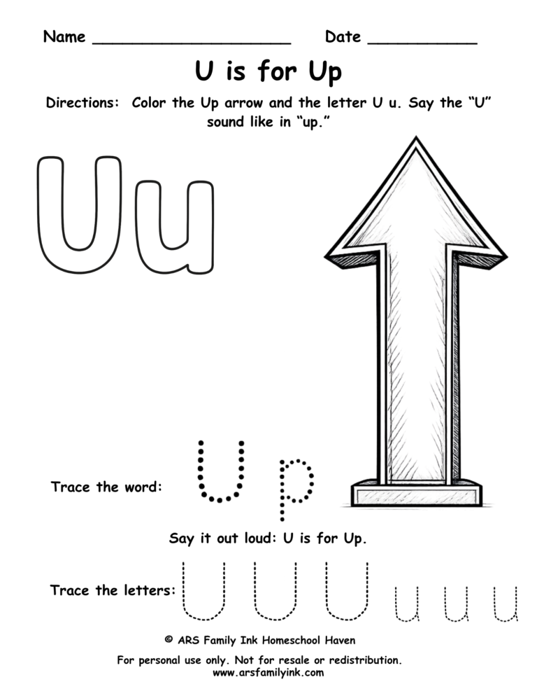 Letter U worksheet for preschool showing U is for up with tracing word up and uppercase and lowercase letter practice