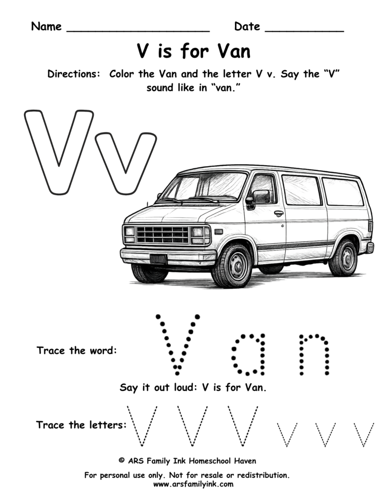Letter V worksheet for preschool featuring V is for van with tracing word van and uppercase and lowercase V practice