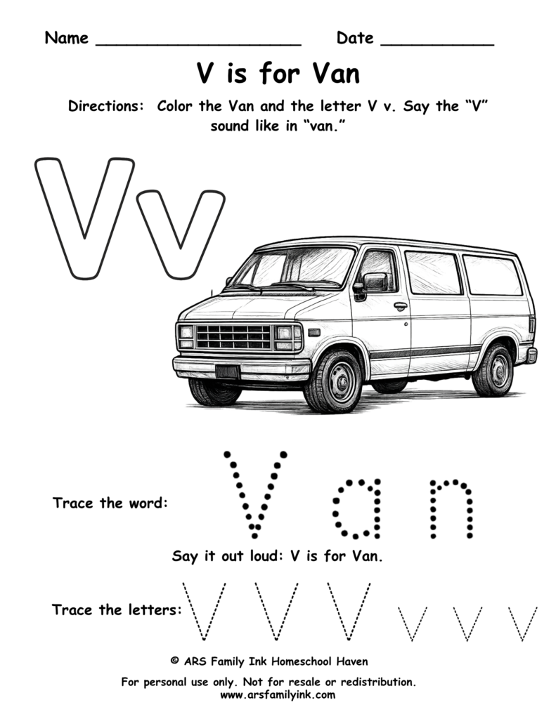 Letter V worksheet for preschool featuring V is for van with tracing word van and uppercase and lowercase V practice