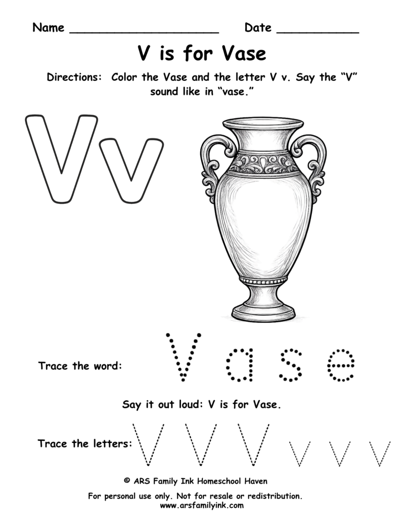 Letter V worksheet for preschool featuring V is for vase with tracing word vase and uppercase and lowercase V practice