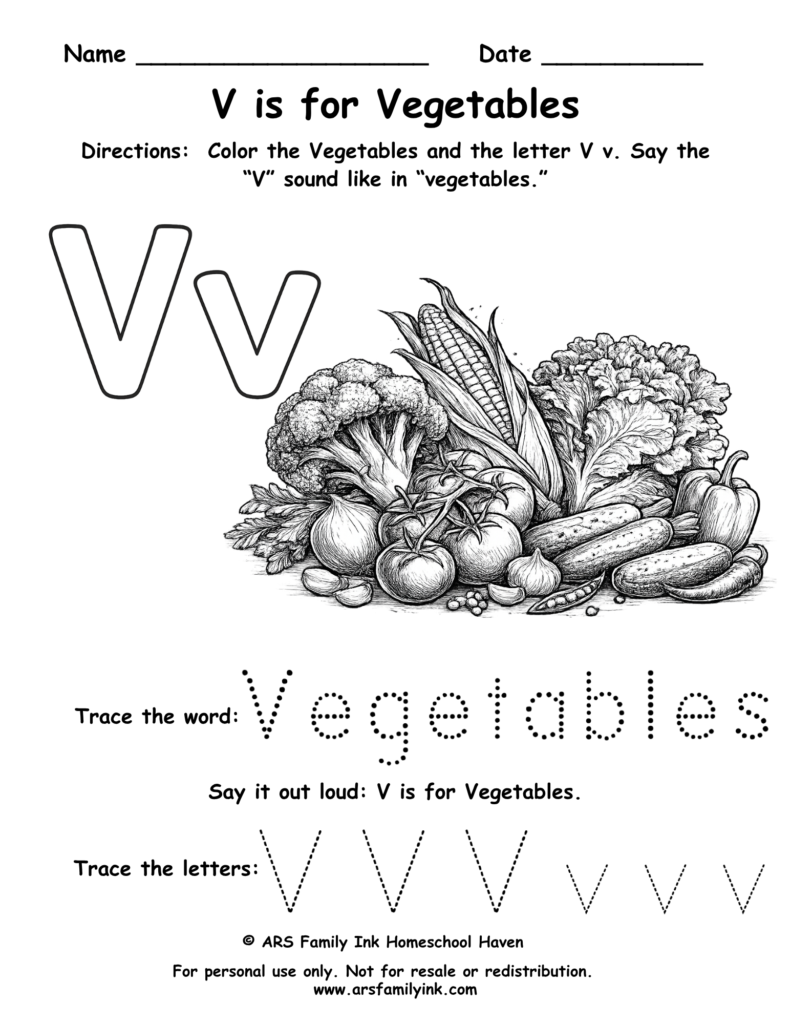 Letter V worksheet for preschool featuring V is for vegetables with tracing word vegetables and uppercase and lowercase V practice