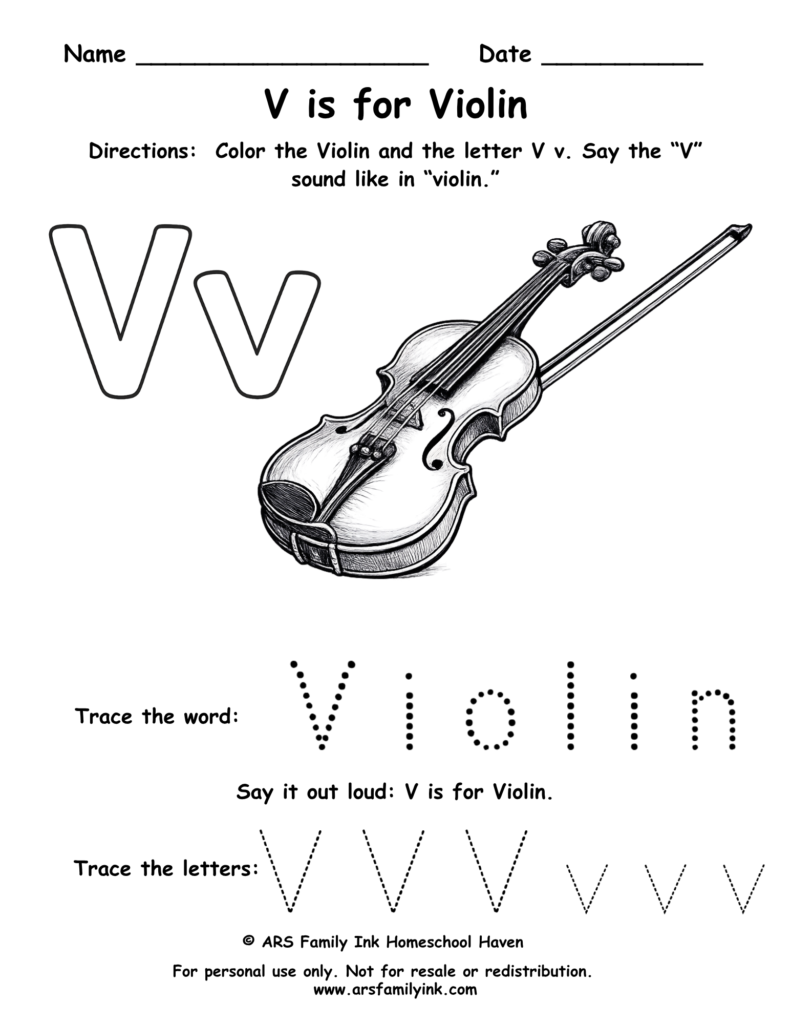 Letter V worksheet for preschool featuring V is for violin with tracing word violin and uppercase and lowercase V practice