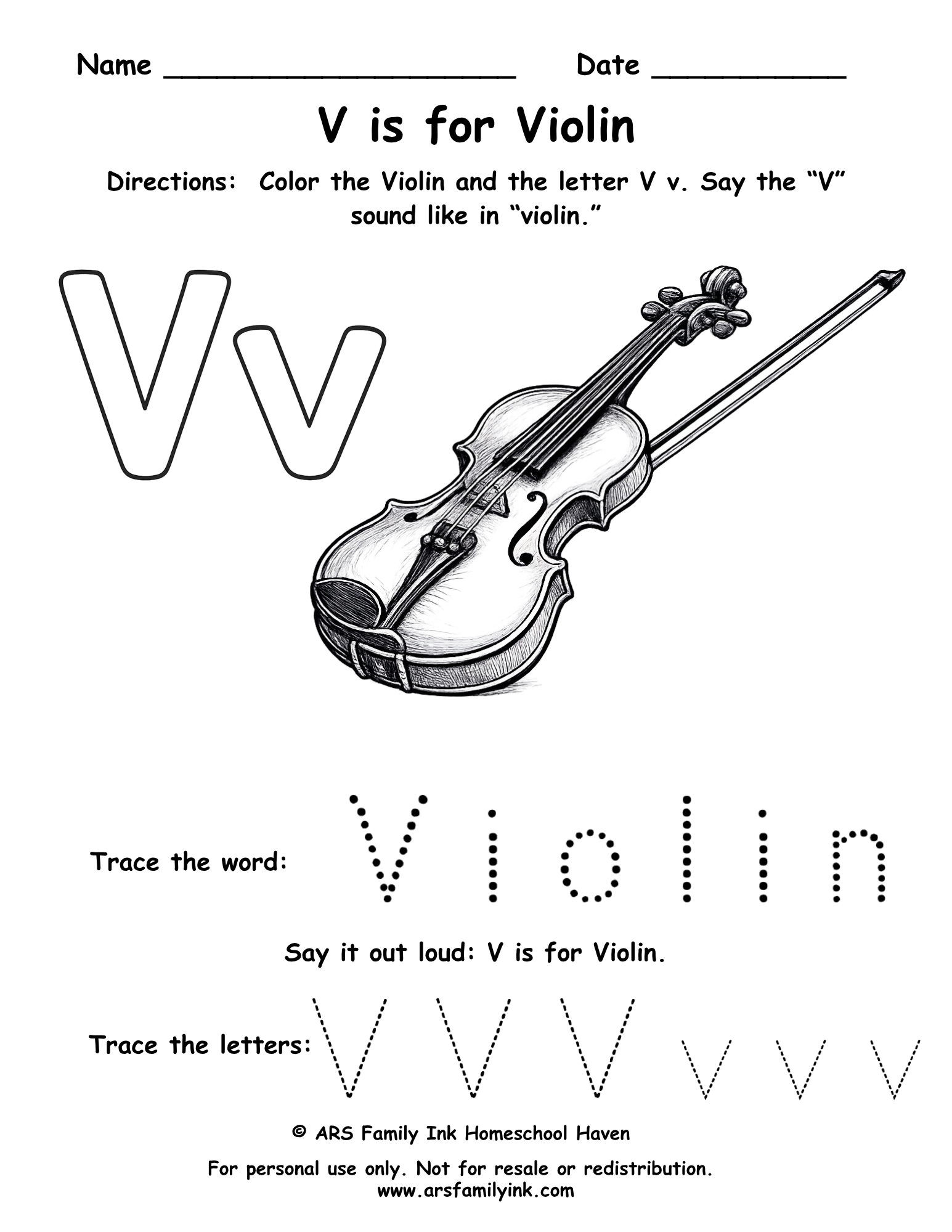 Violin Note Learning Worksheet Letter V Worksheet – V is for Violin (Free Printable) – ARS Family Ink ...