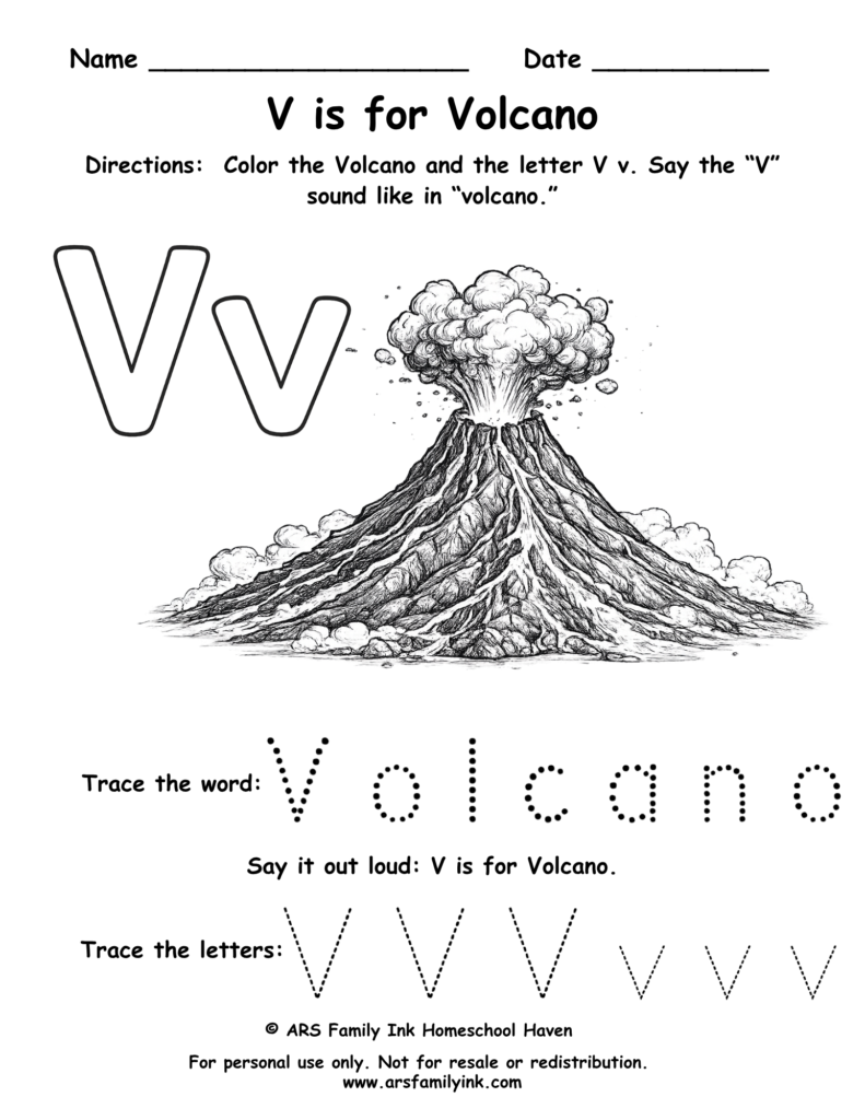 Letter V worksheet for preschool featuring V is for volcano with tracing word volcano and uppercase and lowercase V practice