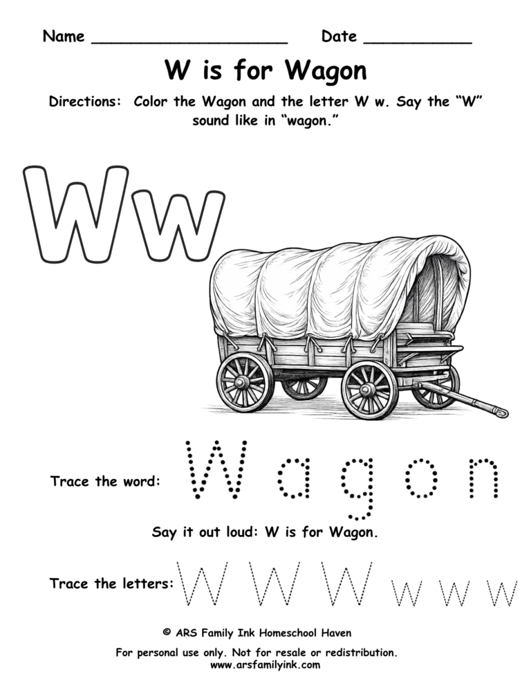 Letter W worksheet for preschool featuring W is for wagon with tracing word wagon and uppercase and lowercase W practice
