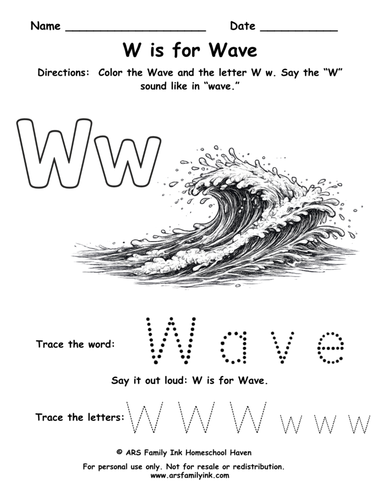 Letter W worksheet for preschool featuring W is for wave with tracing word wave and uppercase and lowercase W practice