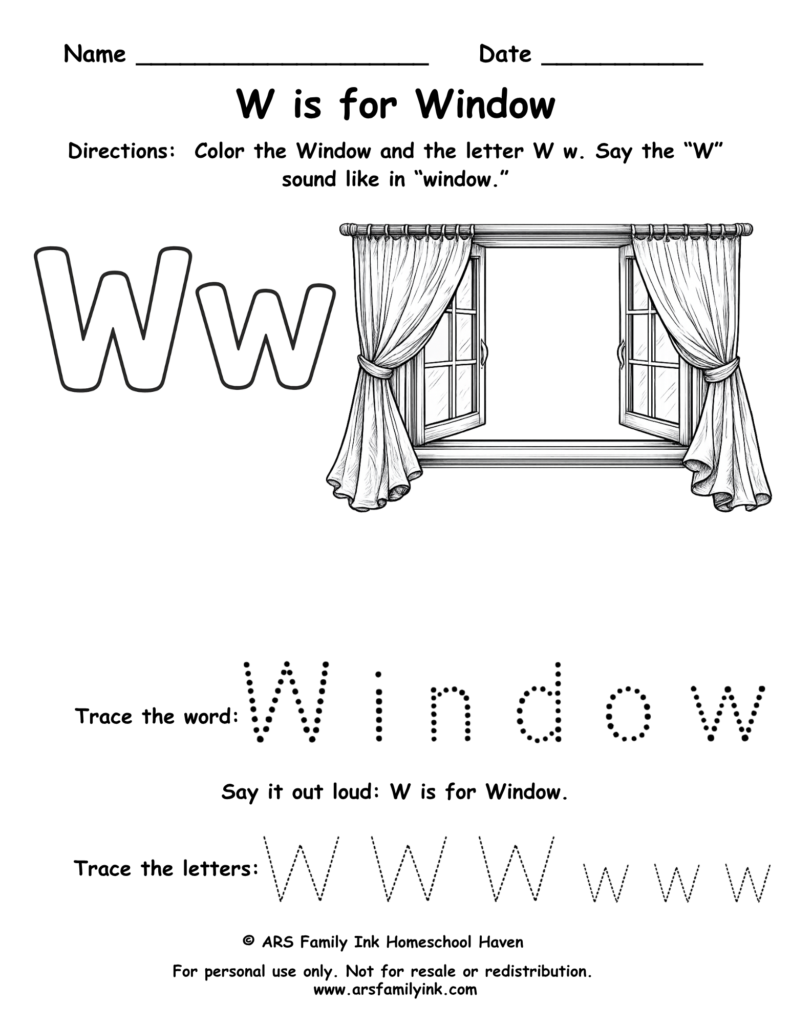 Letter W worksheet for preschool featuring W is for window with tracing word window and uppercase and lowercase W practice