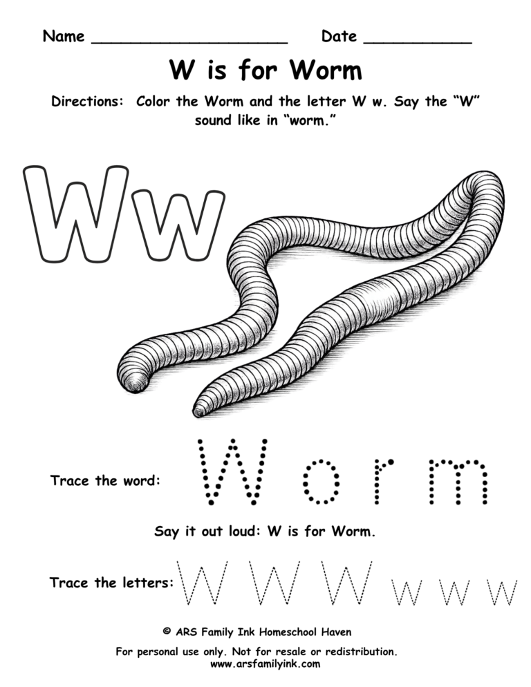 Letter W worksheet for preschool featuring W is for worm with tracing word worm and uppercase and lowercase W practice
