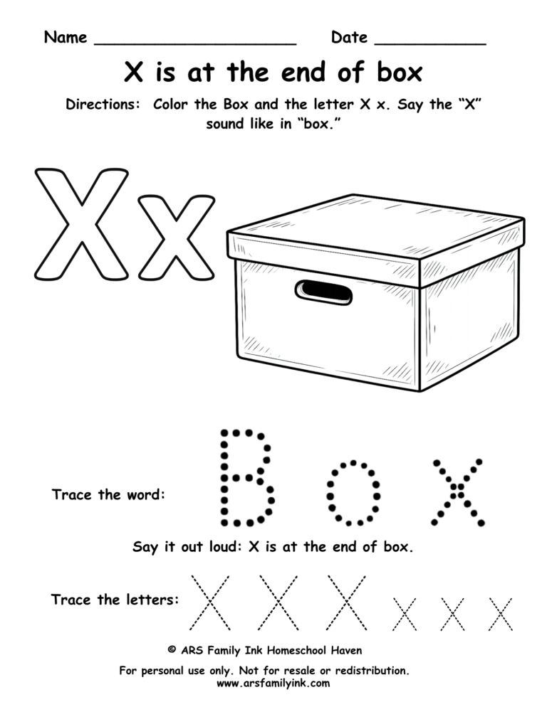Letter X worksheet for preschool showing X sound at the end of box with tracing word box and uppercase and lowercase X practice