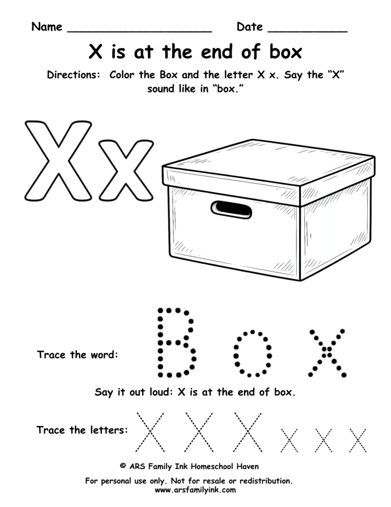 Letter X worksheet for preschool showing X sound at the end of box with tracing word box and uppercase and lowercase X practice