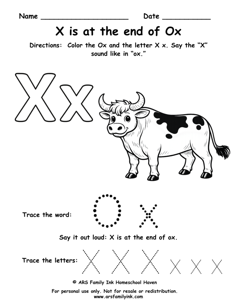 Letter X worksheet showing X at the end of ox with tracing word ox and uppercase and lowercase X practice