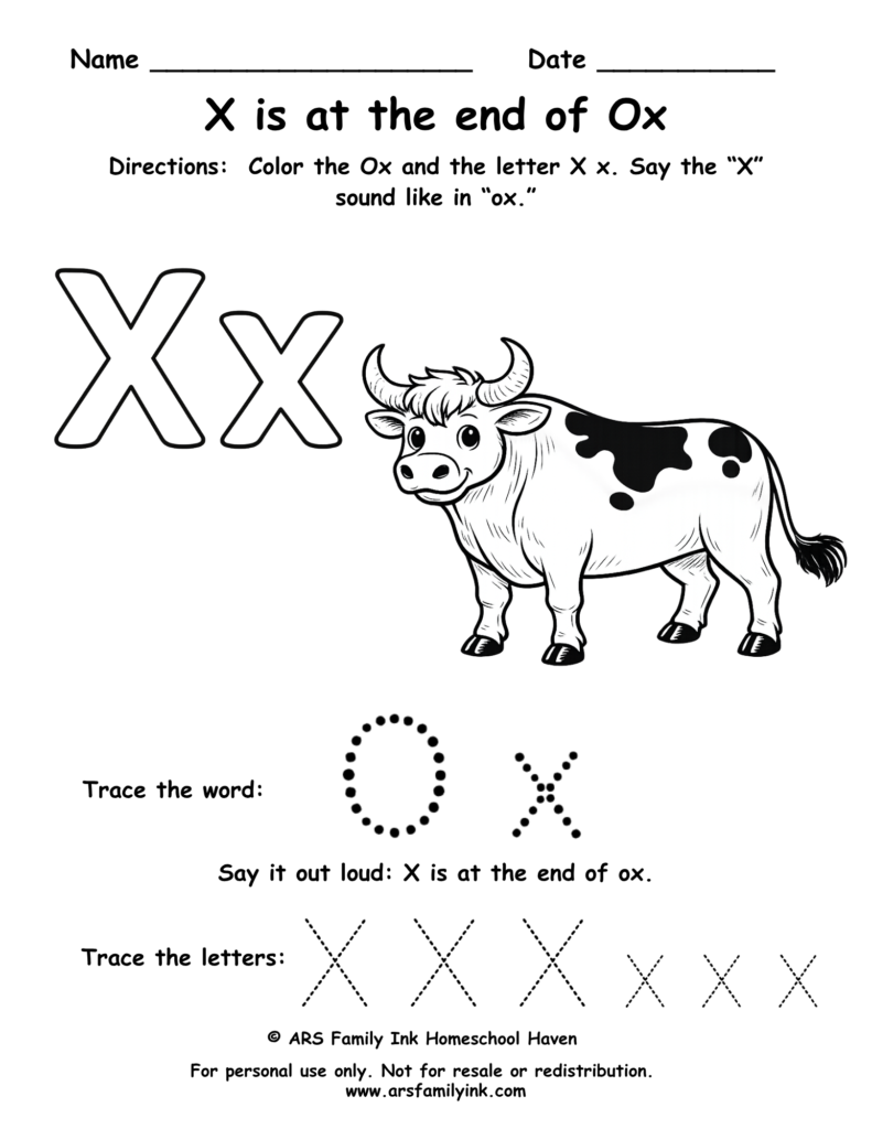 Letter X worksheet showing X at the end of ox with tracing word ox and uppercase and lowercase X practice