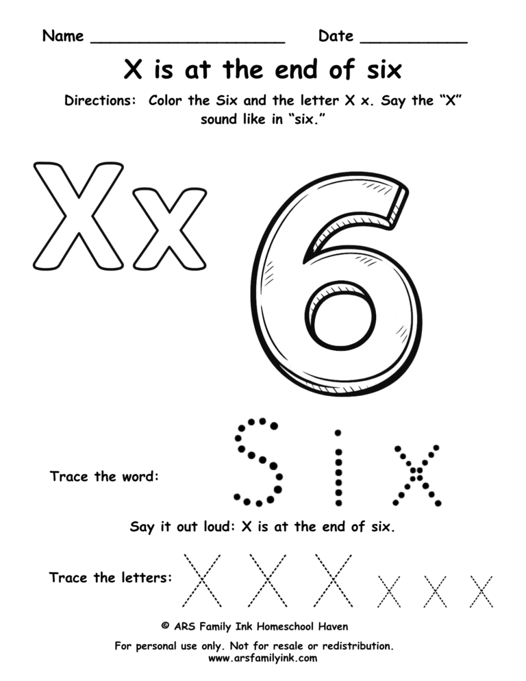 Letter X worksheet showing X at the end of six with tracing word six and number 6 for preschool and kindergarten
