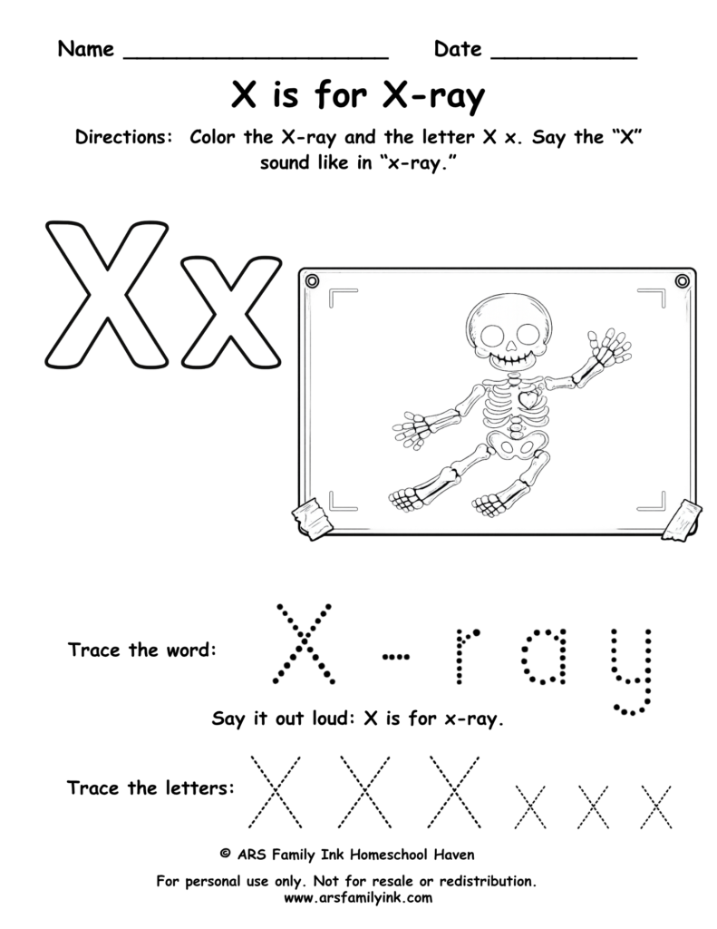 Letter X worksheet for preschool featuring X is for x-ray with tracing word x-ray and uppercase and lowercase X practice