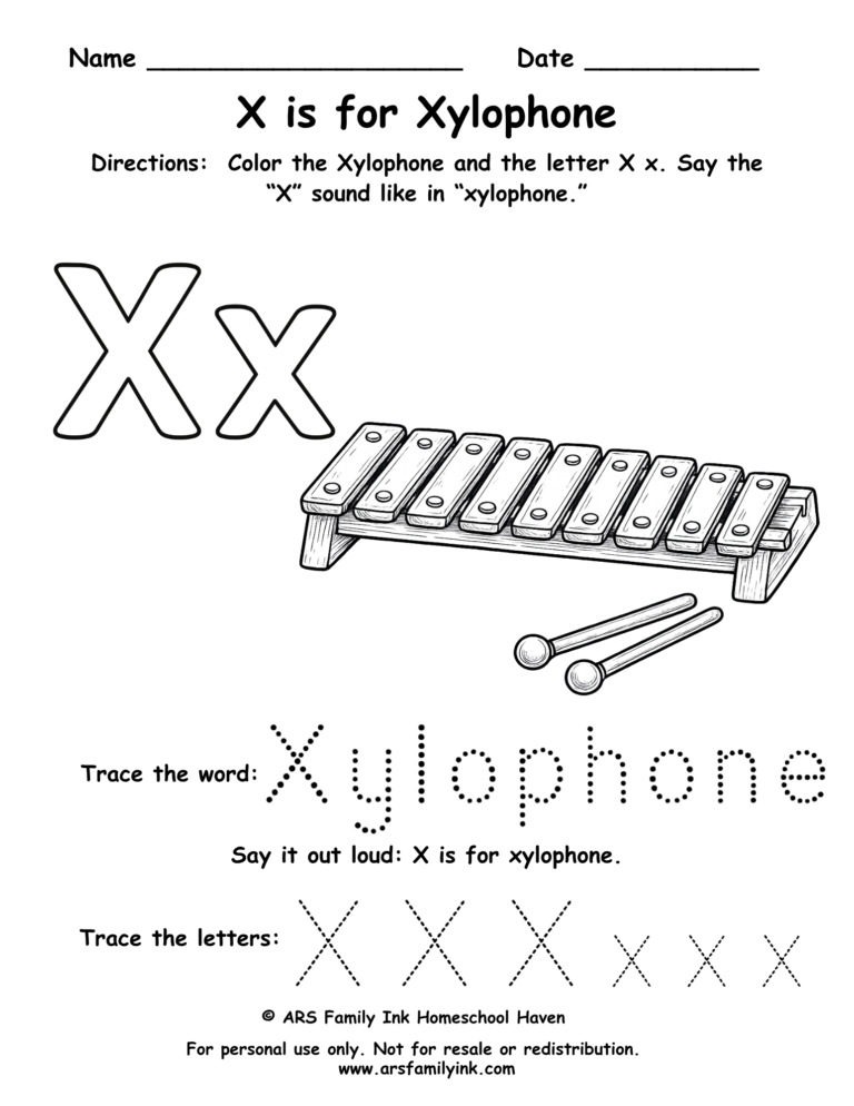 Letter X worksheet for preschool featuring X is for xylophone with tracing word xylophone and uppercase and lowercase X practice