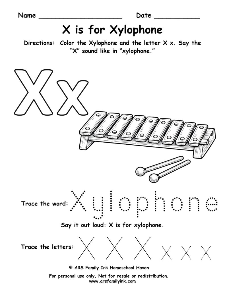 Letter X worksheet for preschool featuring X is for xylophone with tracing word xylophone and uppercase and lowercase X practice