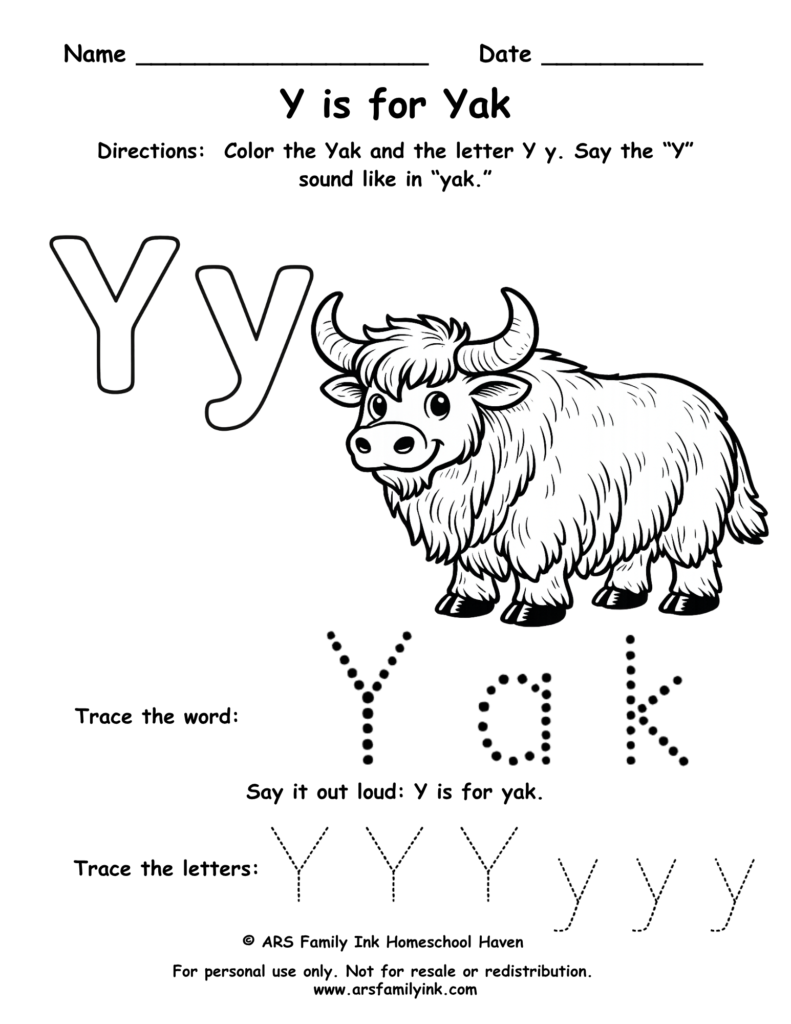 Y is for Yak worksheet preschool printable letter Y tracing coloring activity