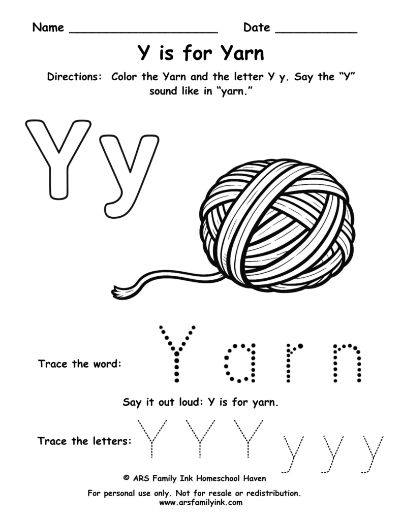 Letter Y worksheet for preschool featuring Y is for yarn with tracing word yarn and uppercase and lowercase Y practice