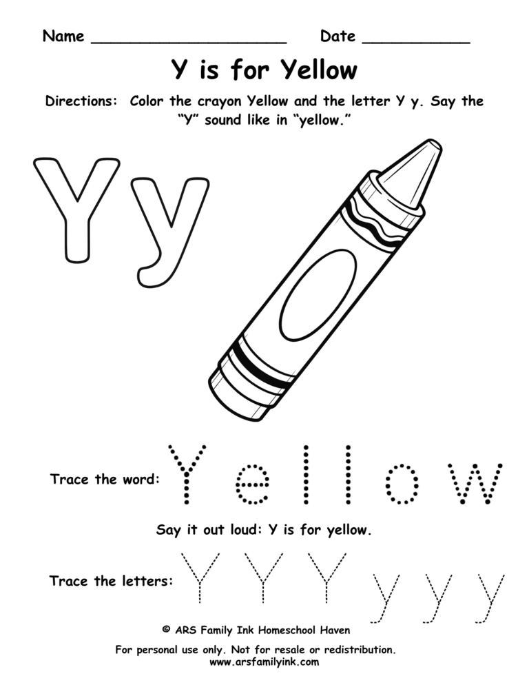 Y is for Yellow worksheet preschool printable letter Y tracing coloring crayon