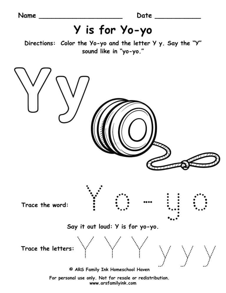 Y is for Yo-yo worksheet preschool printable letter Y tracing coloring activity