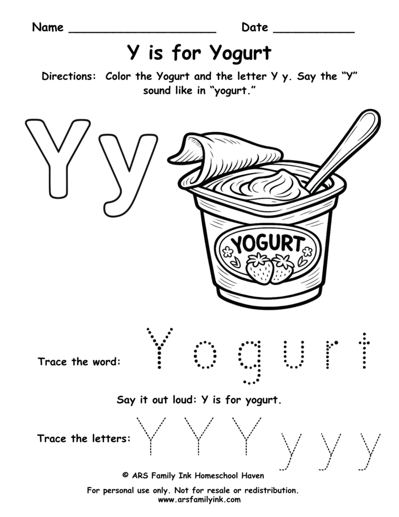 Y is for Yogurt worksheet preschool printable letter Y tracing coloring activity